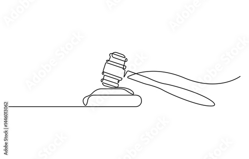 Judge hammer one continuous single line art drawing, of gavel judge law wooden hammer court justice lawyer one line vector illustration.