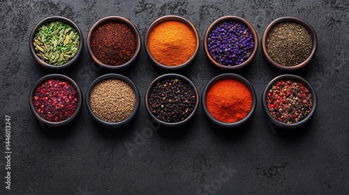 Fototapeta Naklejka Na Ścianę i Meble -  Assortment of vibrant spices in small bowls