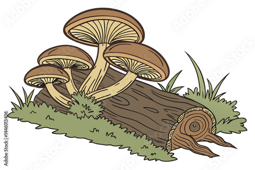 77 Cluster of brown mushrooms, decaying log, vibrant green moss, forest floor, detailed textures, macro photography, natural lighting, earthy colors, woodland scene, fungi growth, biodiversity, intric