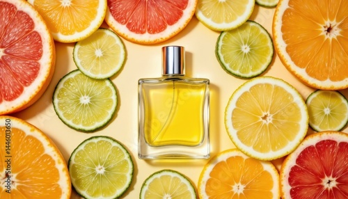 Fototapeta Naklejka Na Ścianę i Meble -  A bottle of yellow perfume surrounded by sliced citrus fruits, including lemons, limes, and grapefruits, on a light background.