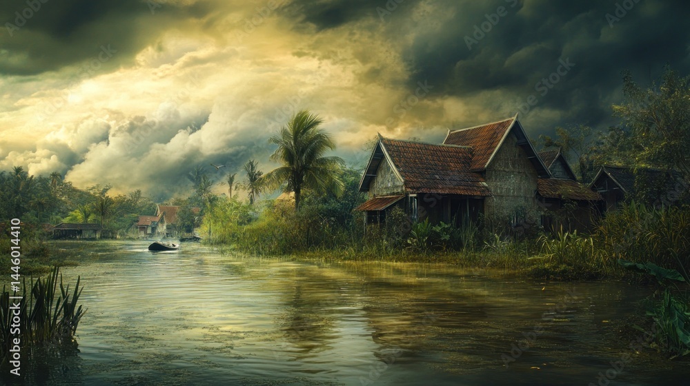Fototapeta premium Tranquil village by a river under dramatic sky