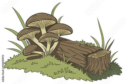 77 Cluster of brown mushrooms, decaying log, vibrant green moss, forest floor, detailed textures, macro photography, natural lighting, earthy colors, woodland scene, fungi growth, biodiversity, intric