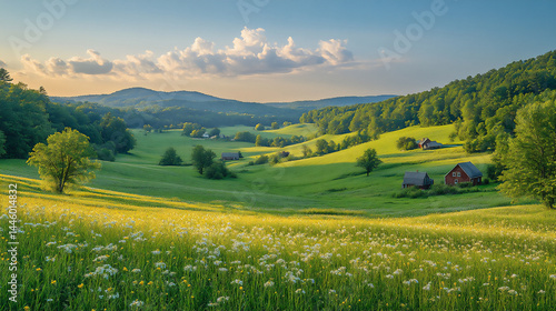 green rolling hills and scattered farmhouses of vermont