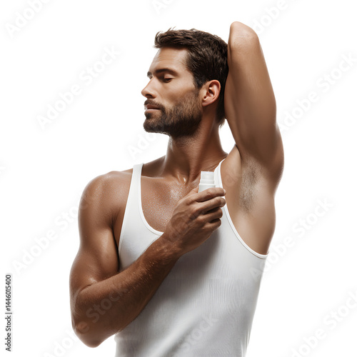 Man in white tank top applying deodorant to armpit, looking to the side with closed eyes.
