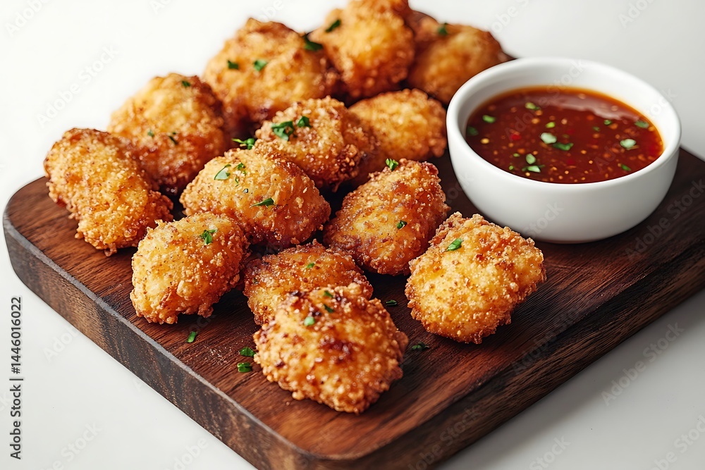 Golden Fried Chicken Bites with Sweet Red Chili Sauce on Wooden Board Top Angle Golden Fried Chicken Bites with Sweet Red Chili Sauce on Wooden Board Top Angle