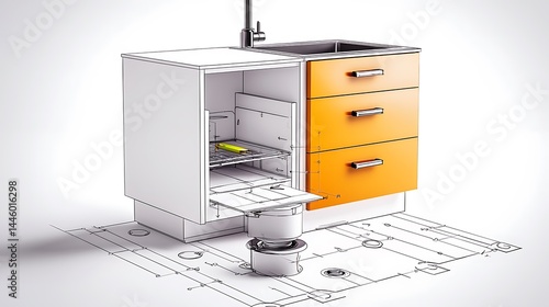 Modern kitchen cabinet design showcasing open drawers and detailed blueprint layout