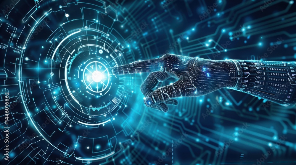 Fototapeta premium Robotic hand touching a glowing interface with circuit patterns in a futuristic blue design