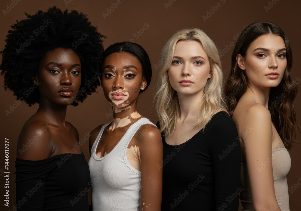 Obraz premium Diverse women standing together in front of a brown background in a studio shot