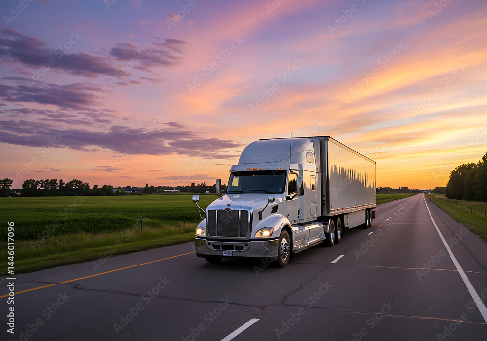 A semi-truck travels down a highway at sunset, delivering cargo across the country. A semi-truck travels down a highway at sunset, delivering cargo across the country.