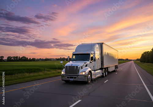 A semi-truck travels down a highway at sunset, delivering cargo across the country.
