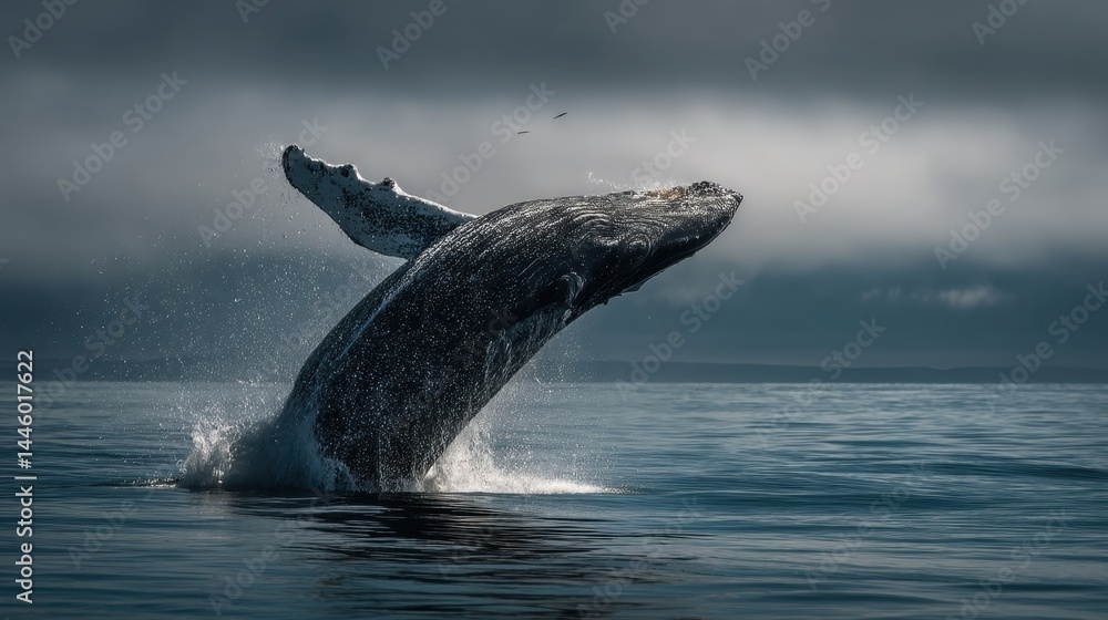 Obraz premium Humpback Whale Breaching in Misty Ocean
