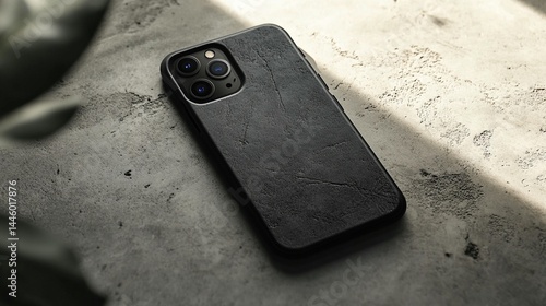Smartphone in black textured case on concrete background.