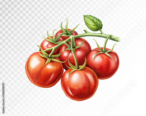 Tomatoes on a branch. Watercolour style. Isolated background. Vector.