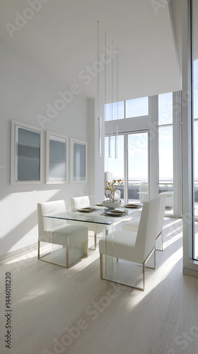 Wallpaper Mural A minimalist dining area with a glass table, modern white chairs, and simple artwork hanging above. Soft natural light fills the space from floor-to-ceiling windows, creating a peaceful atmosphere. Torontodigital.ca