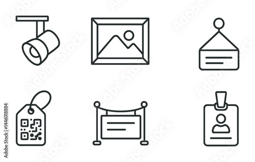 Art gallery and exhibition linear icons – outline style for museum display, curation, and events: spotlight, framed picture, signage, price tag, exhibition banner, id badge.