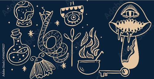 Hand-drawn vintage mystical and magic symbols illustration