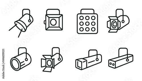 Stage lighting icon set – outline style for event planning and theater projects: spotlight, studio light, led panel, par can, floodlight, stage beam, theater lamp