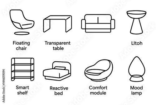 Modern furniture line icons – outline style home decor, interior design, and lifestyle essentials for living spaces: chair, table, sofa, lamp, shelf, bed, module.