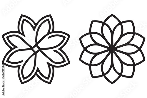 Simple Geometric Floral Mandala Icons – Black Outline Flower-Inspired Line Art on White Background, Minimal Vector Symbols for Logo Design, Yoga Art, Meditation, and Spiritual or Decorative Projects