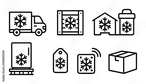 Cold storage and logistics outline icons set – linear style symbols for refrigeration, warehousing, and transport: truck, crate, warehouse, container, pallet, tag, box