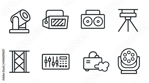 Event lighting and audio icon set – outline style stage equipment, sound system, and venue setup symbols: spotlight, speaker, tripod, truss, mixer, fog machine, dj light.