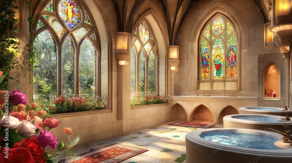 Obraz premium Medieval spa with stained glass and floral arrangements.