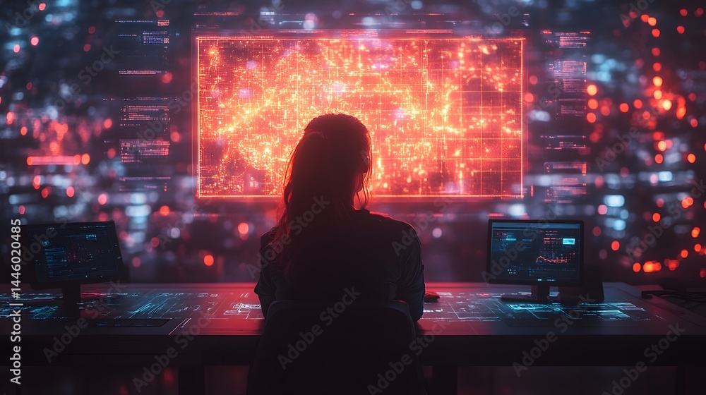 Female analyst viewing data on screens, city lights in background, futuristic tech control, monitoring network activity, hacker alert, cybersecurity defense on a transparent background Female analyst viewing data on screens, city lights in background, futuristic tech control, monitoring network activity, hacker alert, cybersecurity defense on a transparent background