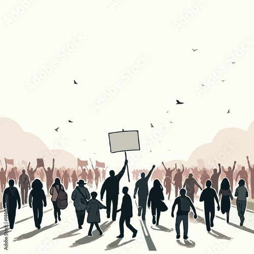 Protest crowd marching with signs in urban silhouette scene