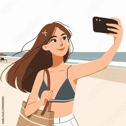 Woman taking selfie on beach in summer outfit
