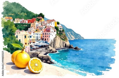 Greek coastal town flat color  illustration. Summer holiday in Greece. Mediterranean vacation. Traditional white buildings. Santorini panoramic 2D cartoon with seascape on background
