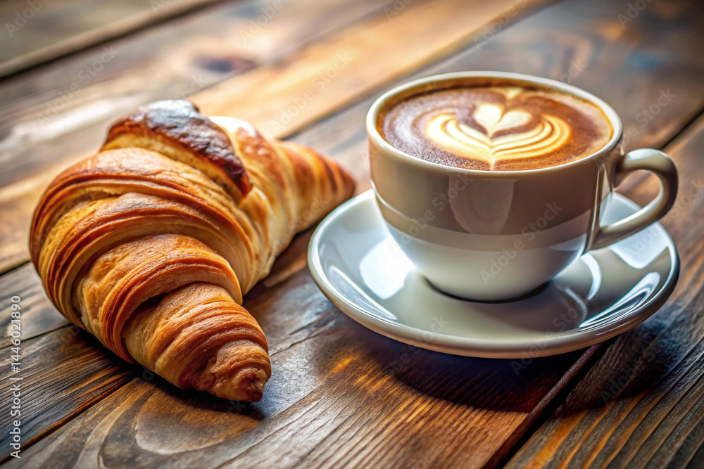 Croissant next to a cappuccino or a cafe table Croissant next to a cappuccino or a cafe table