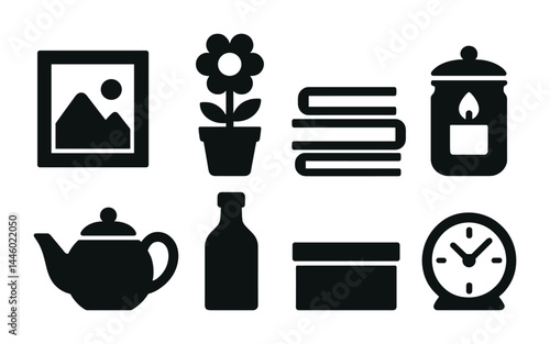Home and leisure solid icons set – silhouette style relaxation, decor, and lifestyle symbols for cozy living: picture frame, flower pot, books, candle, teapot, bottle, box, clock.