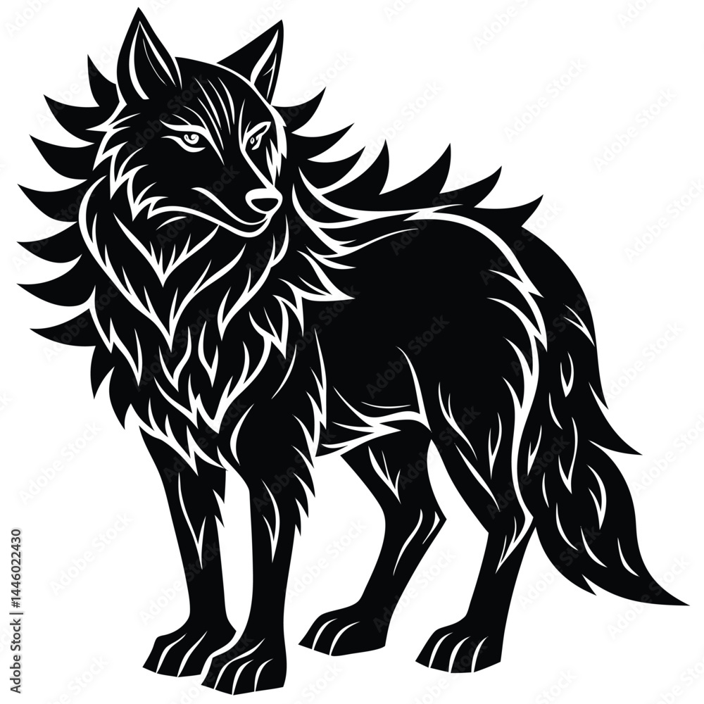 Obraz premium Stylized Black Wolf Silhouette, Detailed Fur, Fierce Gaze, Isolated on White, Canine