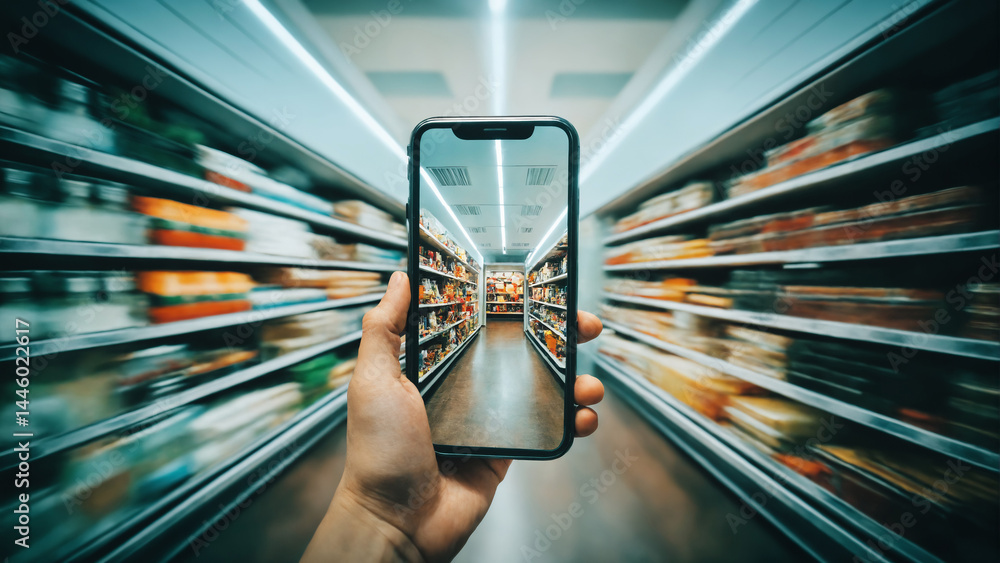 store products on the phone display in hand. mobile app for shopping online concept