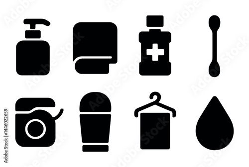 Bathroom essentials silhouette icon set – solid style hygiene, self-care, and grooming symbols: soap dispenser, towel, mouthwash, cotton swab, camera, deodorant, hanger, droplet.