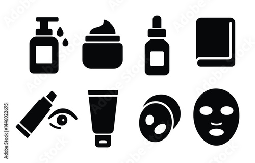 Skincare routine solid icons set — filled style beauty, cosmetics, and wellness symbols for personal care: lotion, cream, serum, towel, eye cream, tube, mask