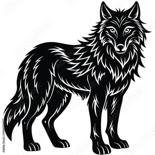 Striking Black and White Wolf Intricate Fur Details, Bold Outline, Animal Art