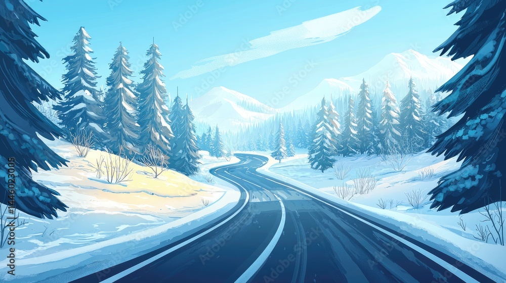 Winding snowy road through a winter forest landscape. Winding snowy road through a winter forest landscape.