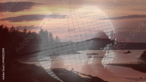 3D render showing translucent globe grid floating above coastal sunset, islands under warm sky