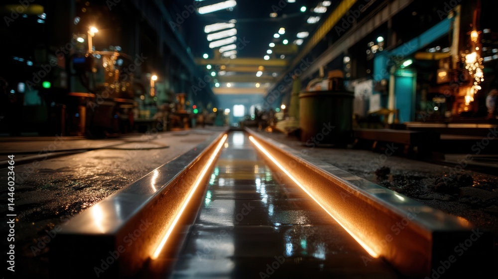 Atmospheric industrial factory floor with glowing metal rails Atmospheric industrial factory floor with glowing metal rails