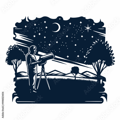 An astronomer observing the sky engraved vintage image. Vector illustration.