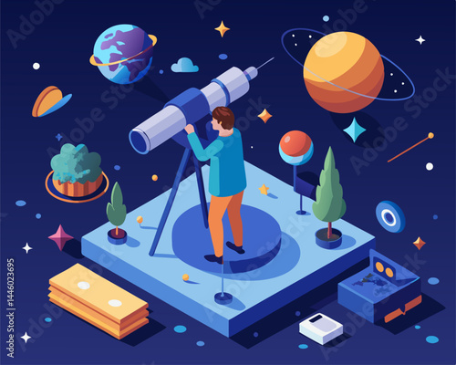 An astronomer observing the sky image. Isometric style. Vector illustration.