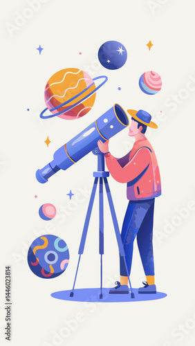 An astronomer observing the sky watercolor image. Flat style. Vector illustration.