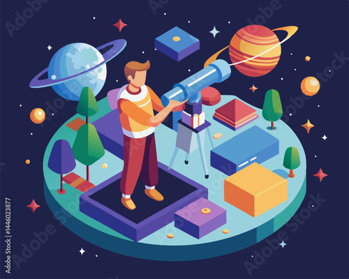 An astronomer observing the sky image. Isometric style. Vector illustration.