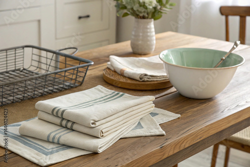 Wooden table, linen napkins, cooling rack, mixing bowl in background