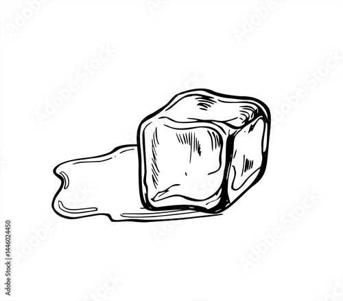 Monochrome melting ice cube with spreading water puddle vector illustration painted by black inks. Etching drawing of thawing ice block for scientific infographic on phase transitions, summer picture