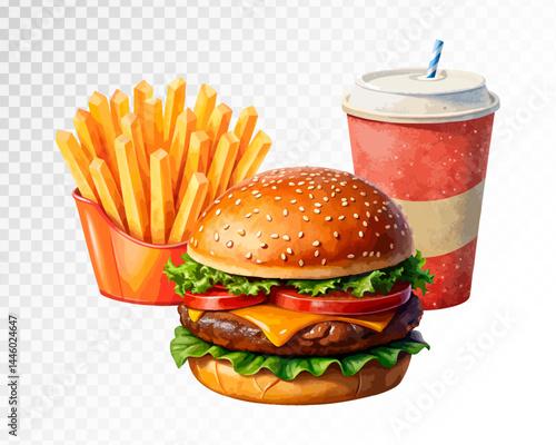 Burger, French fries, paper soda cup. Watercolor clipart illustration. Vector