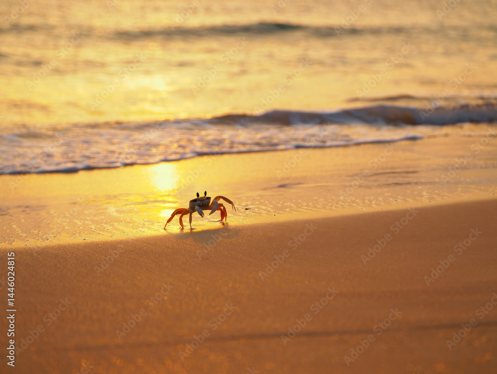 Obraz premium Red crab on a beach with a beautiful sunset view.