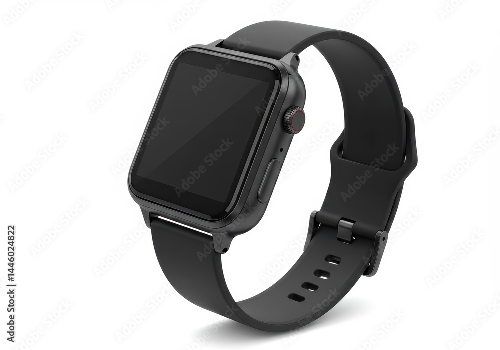 Close up of a black smartwatch with a black band on a white background Close up of a black smartwatch with a black band on a white background