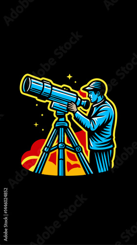 Hand drawn an astronomer observing the sky colorful image. Vintage style. Vector illustration.